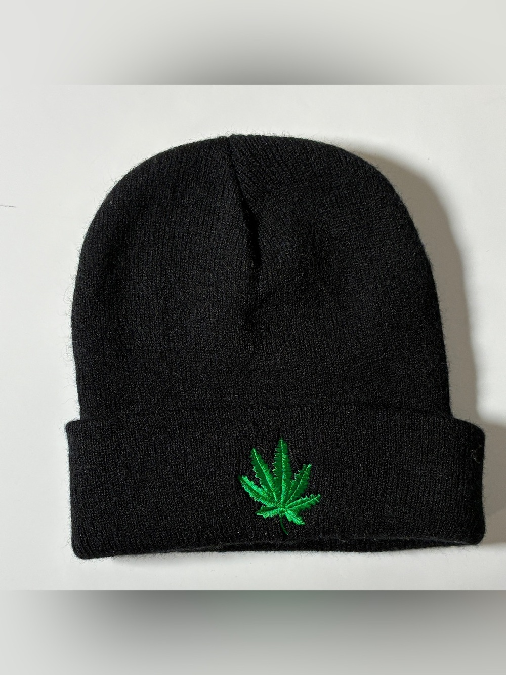 Black Cuffed Beanie with Embroidered Green Cannabis Leaf | One Size